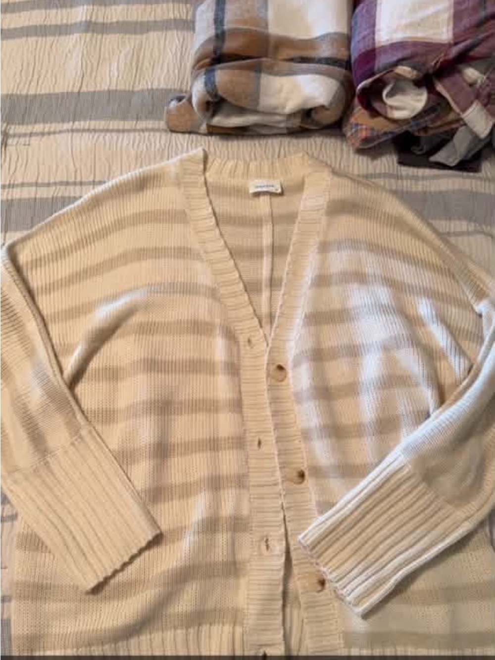Cream Stripe V-Neck Button Cardigan Sweater - Unbranded